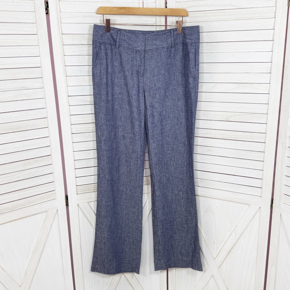 Ann Taylor Loft Linen Blend Chambray‎ Wide Leg Trouser Pants Blue 6 Modern Fit
